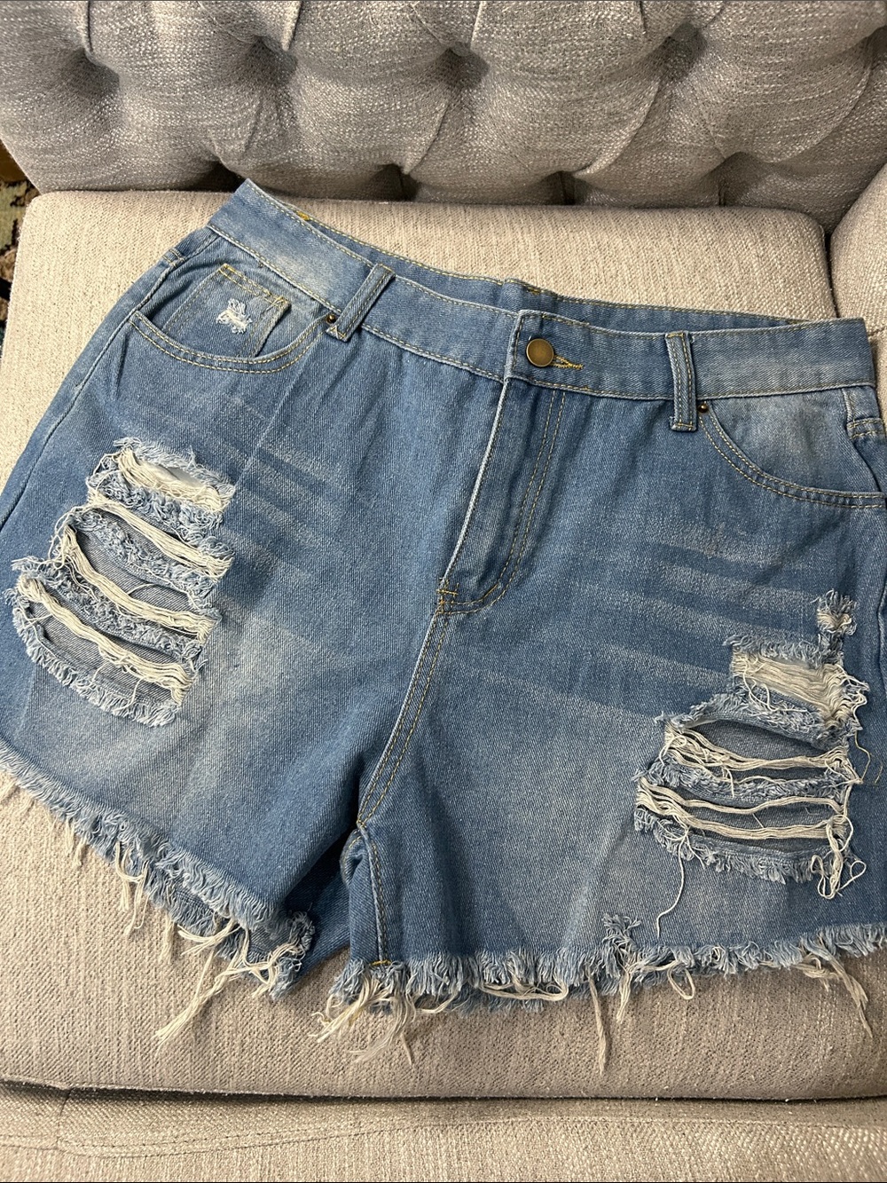 Distressed High-Rise Denim Shorts - Light Blue